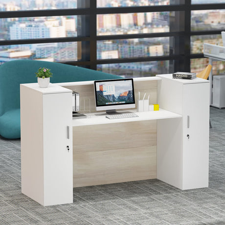 Homsee Modern Reception Desk Counter with 2 Lockable Doors & 6 Storage Compartments, Office Wooden Computer Desk with 2 Cabinets & Adjustable Shelves, White and Brown (70.9”L x 23.6”W x 43.3”H) Homsee