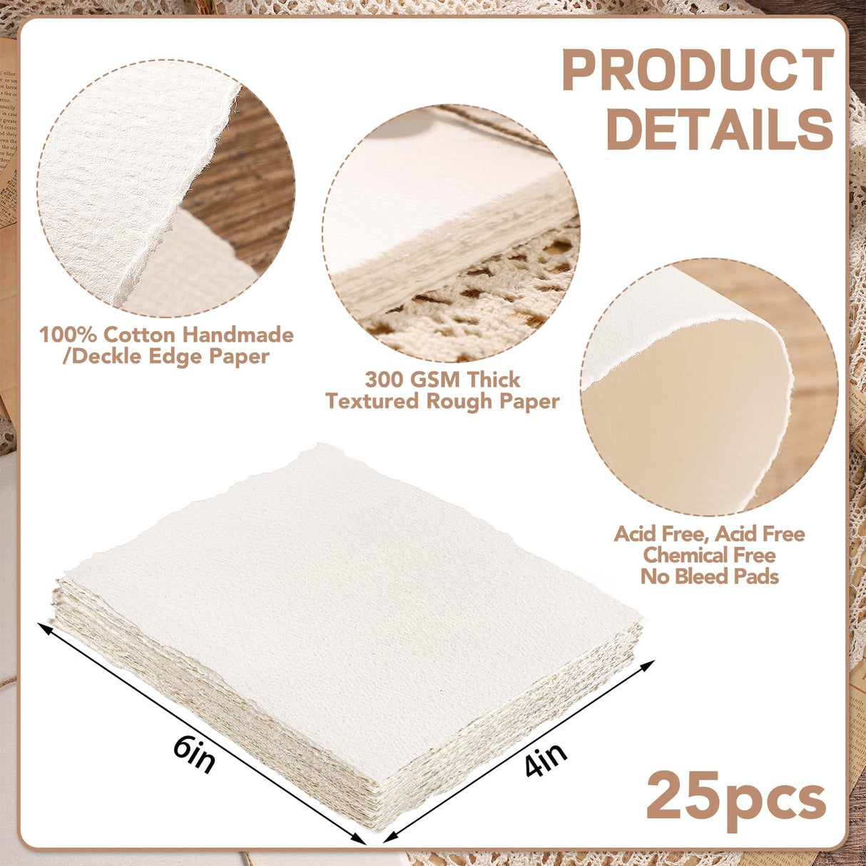 25 Sheets Watercolor Paper, 300 GSM Deckled Edge Paper 4 x 6 inch Rough/Textured Handmade Paper Cotton Paper White Textured Paper for Watercolors, Wedding Invitations, Cards, Crafts Prudiut