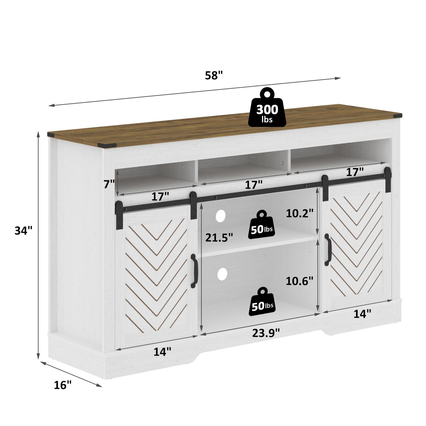 RoyalCraft Farmhouse TV Stand with Sliding Barn Door for TVs up to 65+ Inch, 34" Tall Entertainment Center, Wood Media Console Storage Cabinet for Bedroom, Living Room, White and Rustic Oak - WoodArtSupply