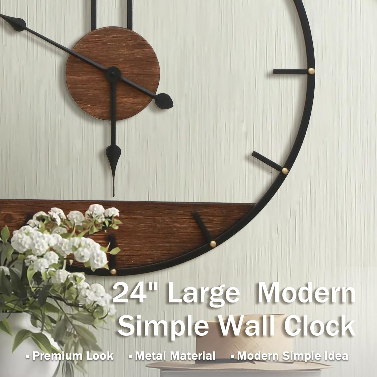 Micasso 24 * 32 in Solid Wood Large Wall Clock, Modern Simple Wall Decor Metal Frame Silent Non Ticking Clock for Living Room Decor, Kitchen, Bedroom. Micasso