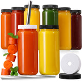 [ 8 Pack ] Glass Juicing Bottles with 2 Straws & 2 Lids w Hole- 16 OZ Travel Drinking Jars, Water Cups with Black Airtight Lids, Reusable Tall Mason Jar for Juice, Bubble Tea, Smoothie, Tea, Kombucha AOZITA