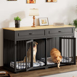 Lovinouse Furniture Style Dog Crate with Double Room, 73 Inch Wooden Dog Kennel with Removable Divider, Dog House TV Entertaiment Center for Small Medium Large X-Large Dogs (Black with Drawer) Lovinouse