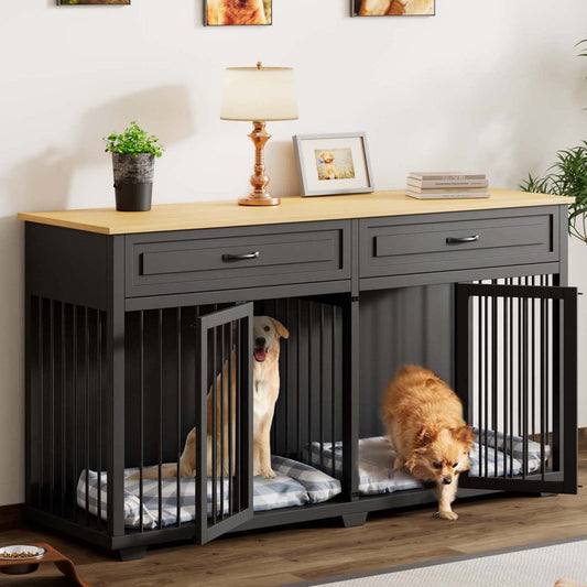 Lovinouse Furniture Style Dog Crate with Double Room, 73 Inch Wooden Dog Kennel with Removable Divider, Dog House TV Entertaiment Center for Small Medium Large X-Large Dogs (Black with Drawer - WoodArtSupply