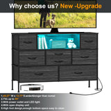 Simoretus Wide Dresser with Charging Station and LED Light for Bedroom 8 Fabric Drawers Chest of Drawers with Power Outlet Storage Open Shelf for Living Room TV Stand Closet Hallway (Charcoal Black) Simoretus