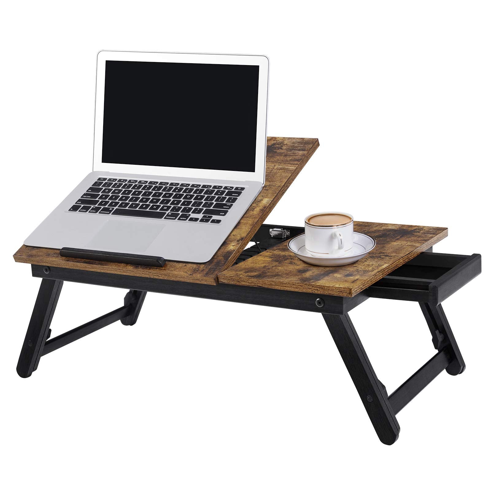 SONGMICS Laptop Desk for Bed or Sofa with Adjustable Tilting Top, Breakfast Serving Tray with Height Adjustable Folding Legs, Fits Screen Size up to 15.6 Inches, Floor Desk, Rustic Brown ULLD - WoodArtSupply