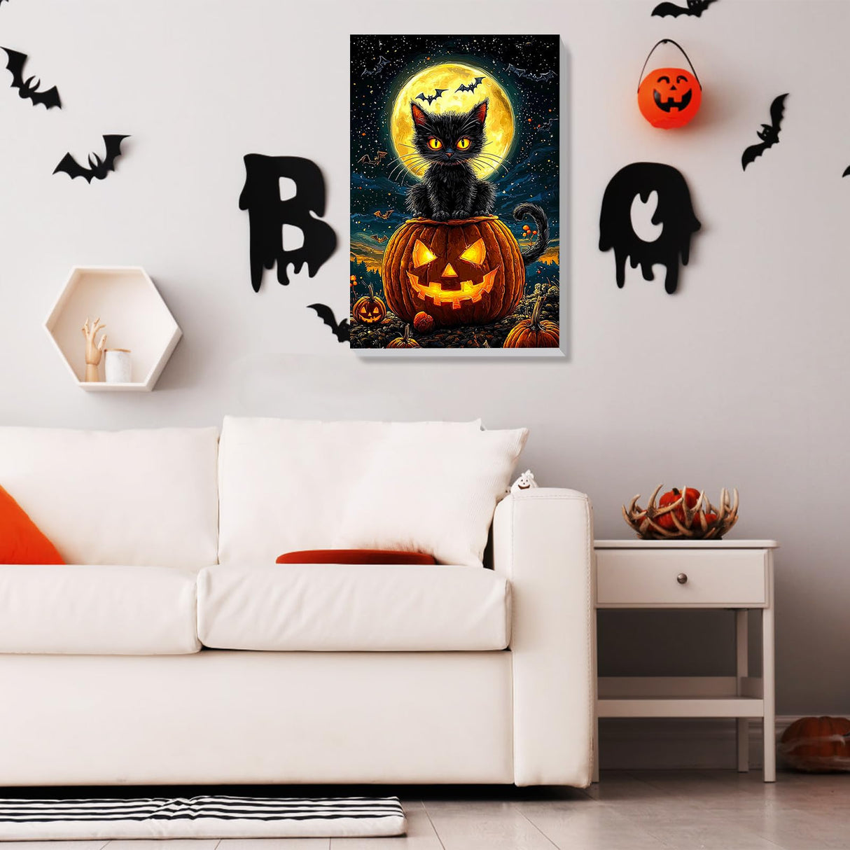 Bowetile Halloween Framed Paint by Numbers for Adults Beginners, Easy Adults' Paint-by-Number Black Cat Kits on Canvas, Acrylic Number Painting Crafts Kits Halloween Gifts for Home Decor, 8x12in Bowetile