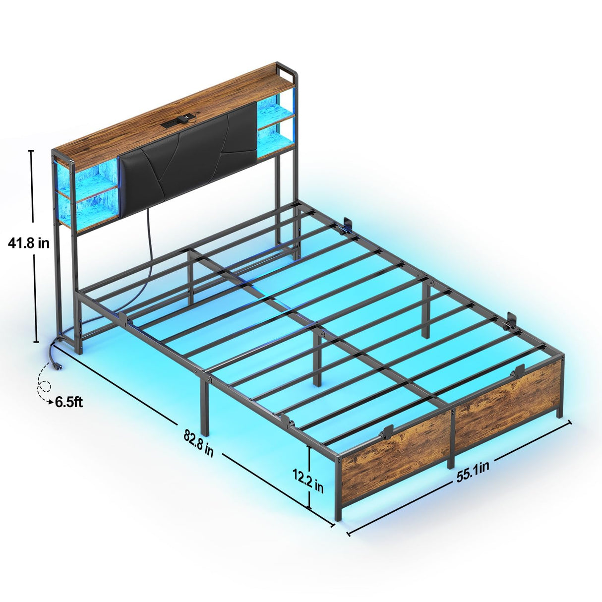 Unikito Full Size Bed Frame with Charging Station and RGB LED Light, Sturdy Platform Bed with Upholstered Headboard, Strong Metal Slats, Noise Free, No Box Spring Needed, Easy Assembly, Rustic Brown Unikito