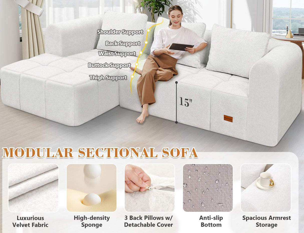 HABUTWAY 103" L-Shaped Modular Sectional Sofa, No Assembly Required Deep Seat Couch with 3 Pillows, Soft Fabric Upholstered, Modern Chaise Lounge for Living Room, Bedroom, Beige HABUTWAY