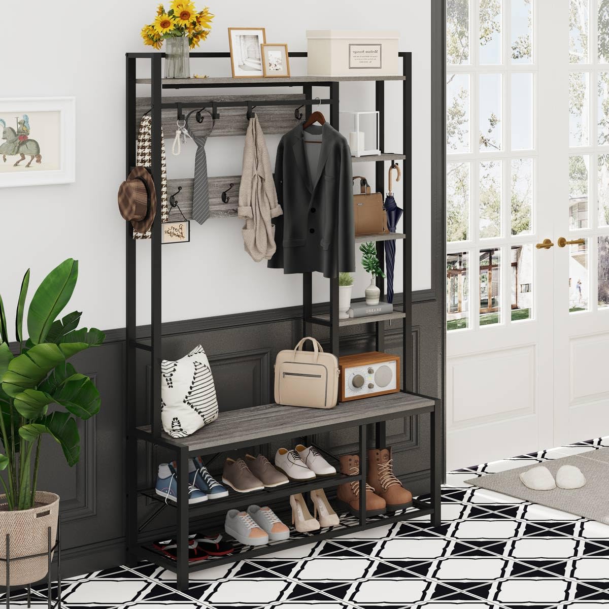 BON AUGURE Industrial Hall Tree with Bench and Shoe Storage, Grey Entryway Bench with Coat Rack, Wooden Metal Coat Tree with Hooks, 5 In 1 Multifunctional Shoe Bench and Wall Rack (Dark Gray Oak)