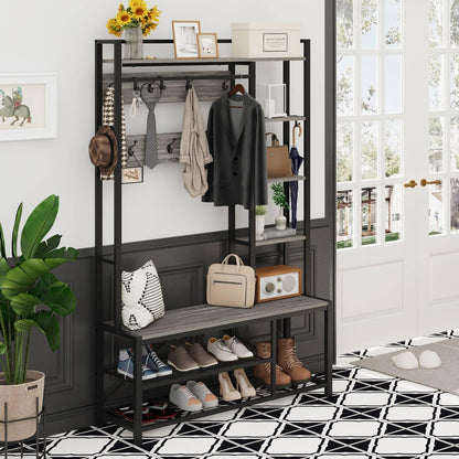 BON AUGURE Industrial Hall Tree with Bench and Shoe Storage, Grey Entryway Bench with Coat Rack, Wooden Metal Coat Tree with Hooks, 5 In 1 Multifunctional Shoe Bench and Wall Rack (Dark Gray Oak)