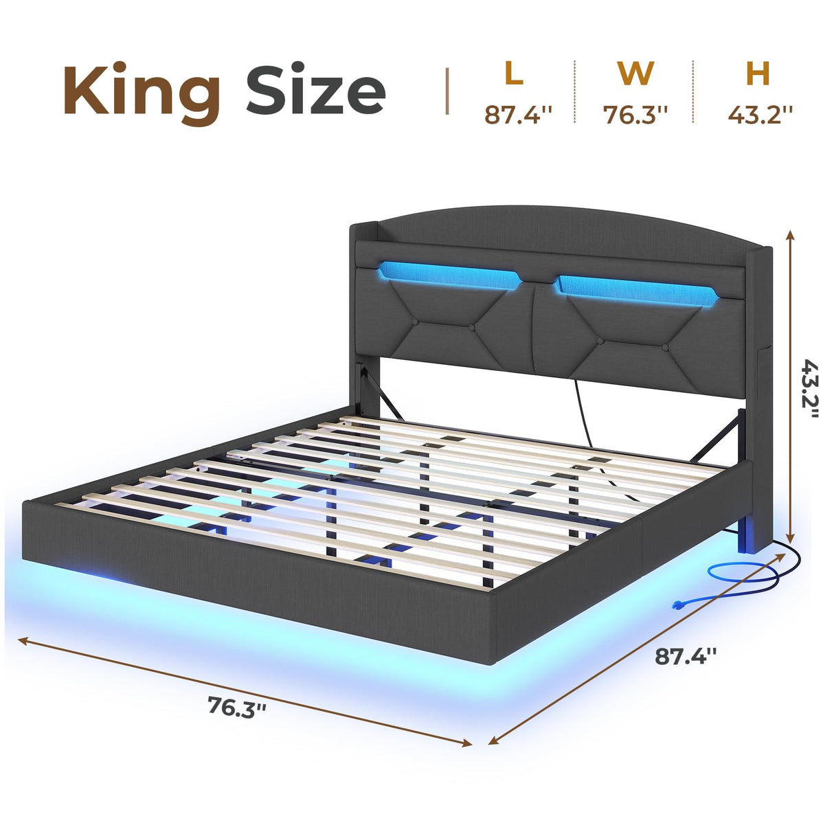 Modern ADORNEVE King Size Floating Bed Frame with USB-C Charging Station and LED Lights ADORNEVE