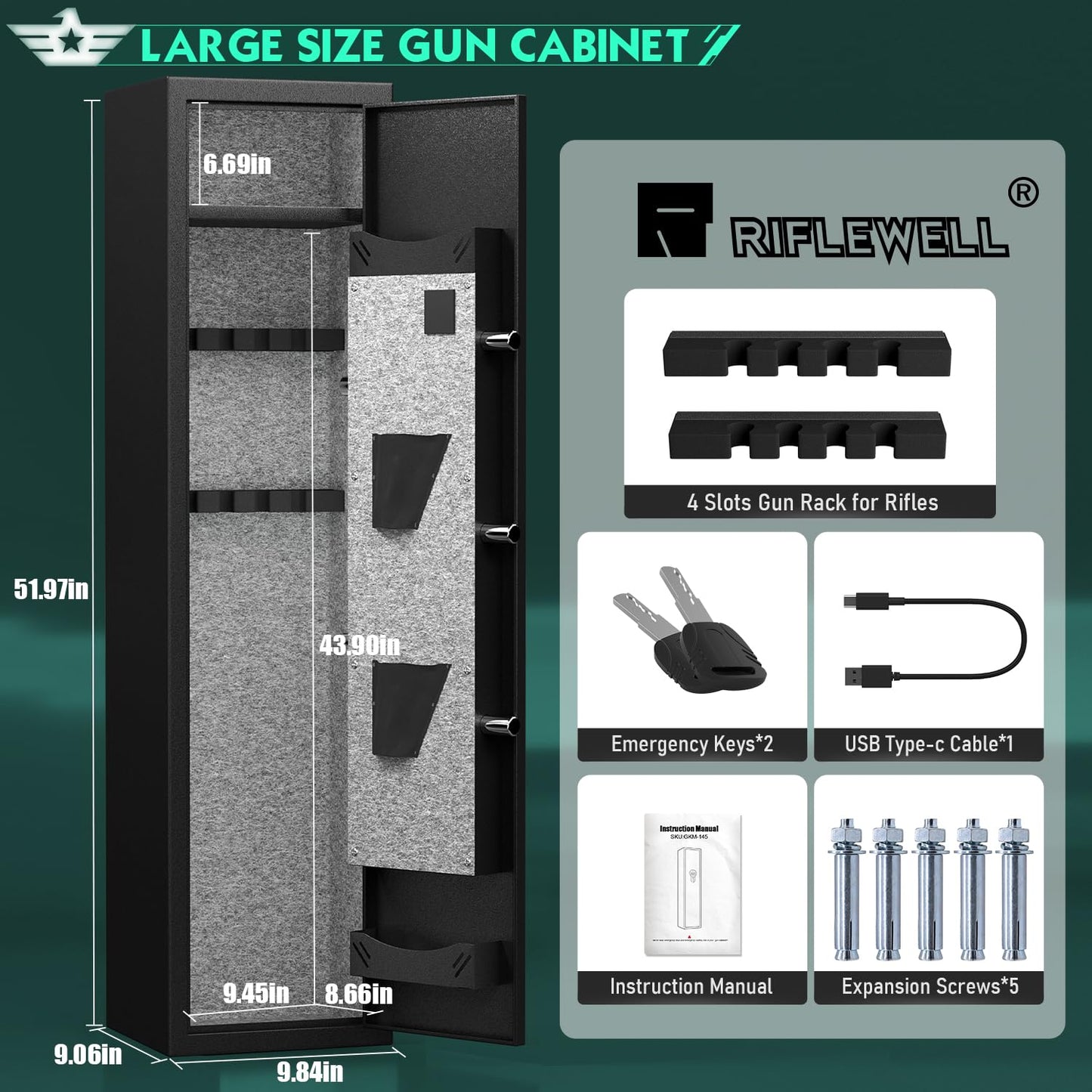 Riflewell 2-3 Rifle Gun Safe, Biometric Fingerprint Gun Safe for Home Rifle and Shotguns, Quick Access Gun Cabinets with LED Light, Rifle Safe with Adjustable Gun Rack and Removable Shelf