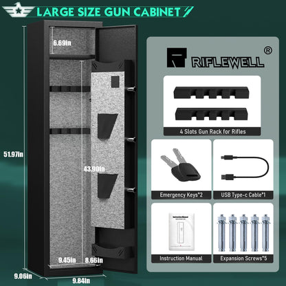 Riflewell 2-3 Rifle Gun Safe, Biometric Fingerprint Gun Safe for Home Rifle and Shotguns, Quick Access Gun Cabinets with LED Light, Rifle Safe with Adjustable Gun Rack and Removable Shelf