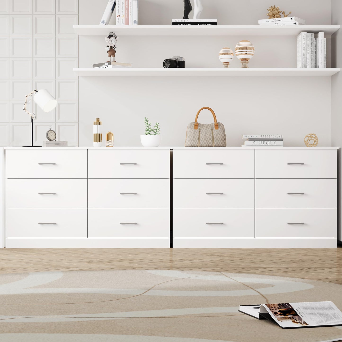 FOTOSOK White Dresser, 47.2'' Large 6 Drawer Dresser Wide Chest of Drawers for TV Stand, Modern Dresser White Floor Storage Drawer Cabinet for Home Office, White - WoodArtSupply