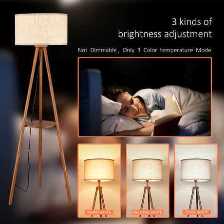 Baobab Tree Park Wood Tripod Floor Lamp with Shelves,Linen Shade Boho Wooden Floor lamp for Living Room, with Three Color temparature Bulb Included,footswitch,ETL Listed/Brown Wood Color Baobab Tree Park