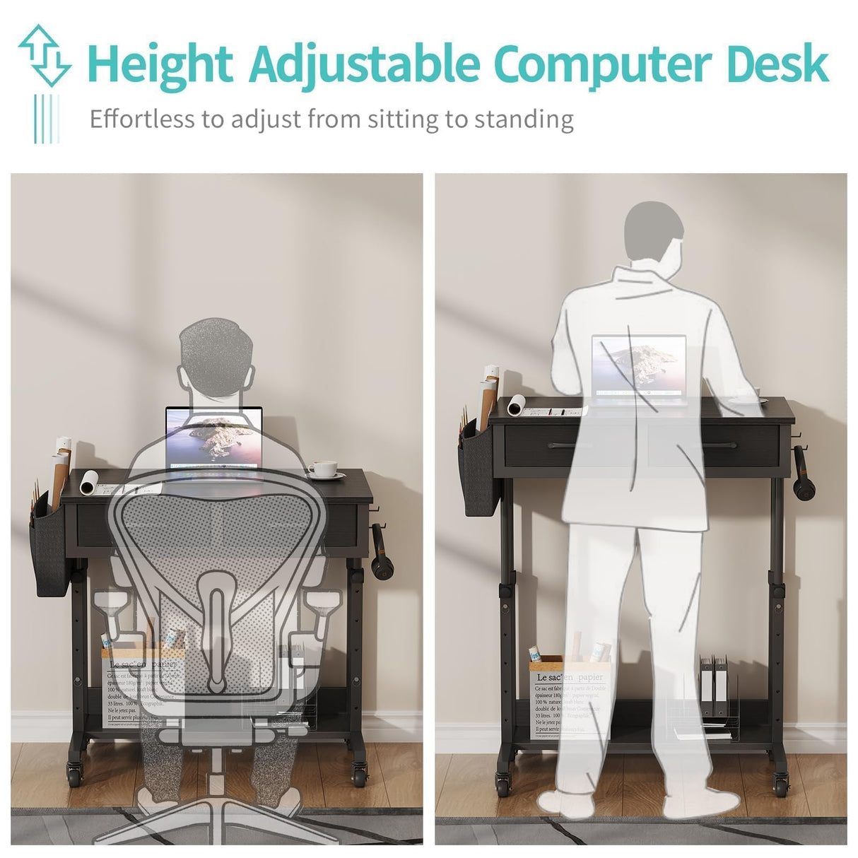 Small Portable Rolling Standing Desk - 32 Inch Adjustable Mobile Stand Up Teacher Desks with 2 Fabric Drawers on Wheels for Classroom, Couch Sofa Side Laptop Table with Storage for Home Office, Black WINAZ