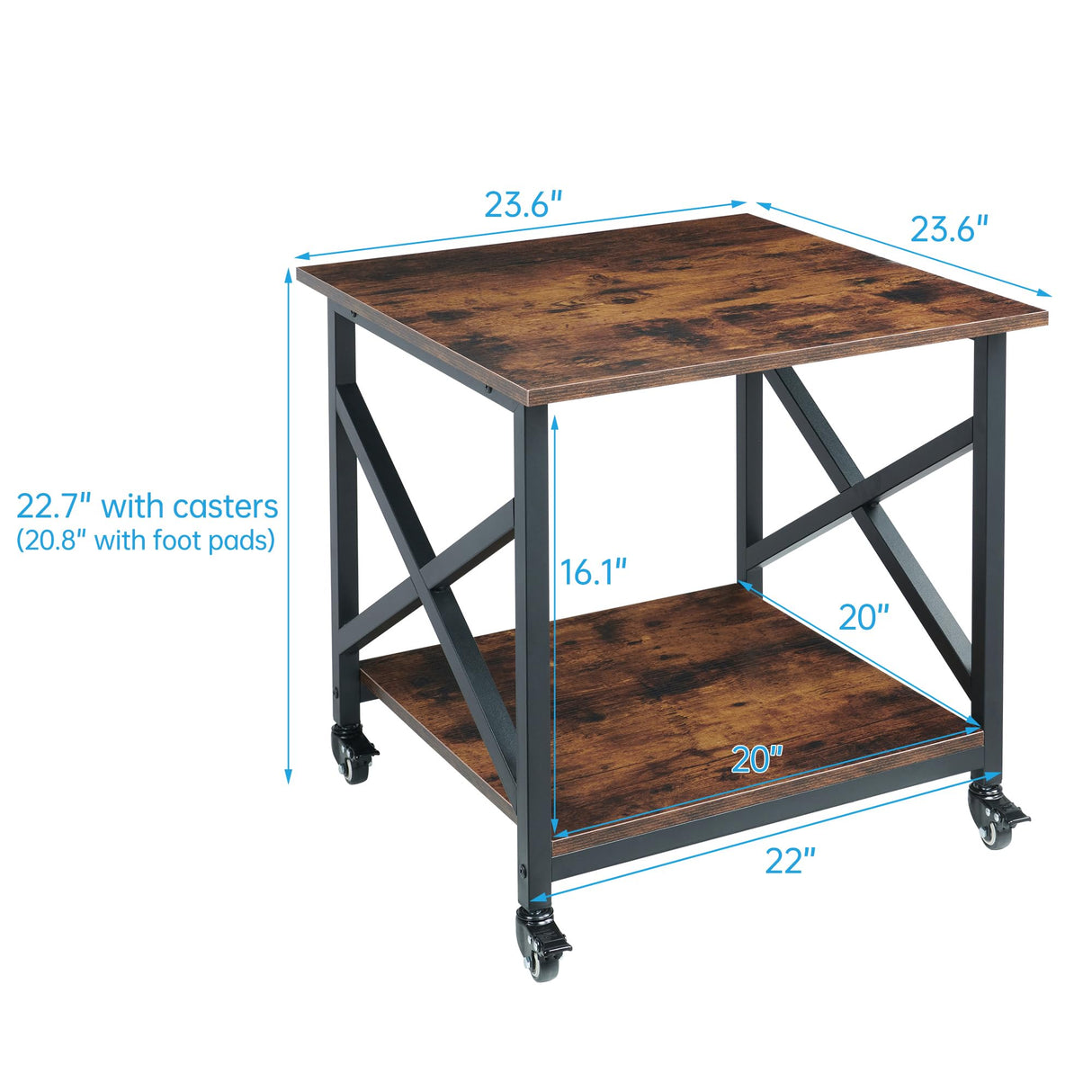 Fannova Large Printer Stand, 23.6 x 23.6 x 22.6 Inches Square Printer Table with Storage Shelf, 2 Tier Rolling Printer Cart with Industrial Wheels for Home Office - Rustic Brown Fannova