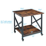 Fannova Large Printer Stand, 23.6 x 23.6 x 22.6 Inches Square Printer Table with Storage Shelf, 2 Tier Rolling Printer Cart with Industrial Wheels for Home Office - Rustic Brown Fannova