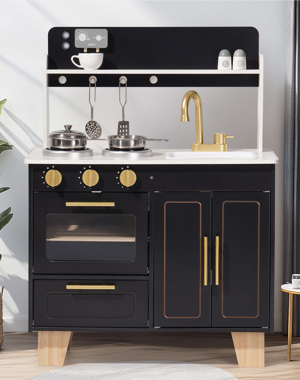 ROBUD Play Kitchen Set - Wooden Marble-Style Kitchen Playset with Realistic Stove, Oven & Sink for Kids Ages 3+ ROBUD