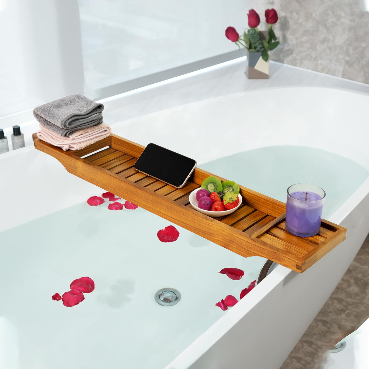 VaeFae Teak Bathtub Tray, Wooden Bath Caddy Tray for Bathtub, Bath Tub Wood Tray Table for Tub VaeFae