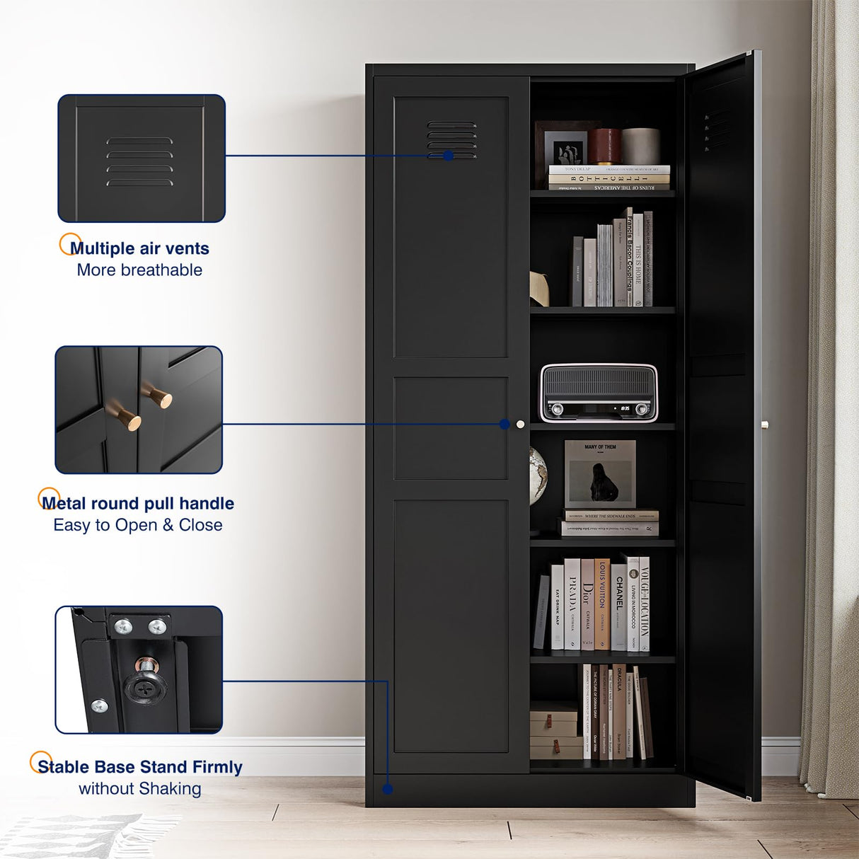 Yizosh Metal Storage Cabinet with 2 Doors and 5 Adjustable Shelves - 71" Black Kitchen Pantry Storage Cabinet, 5-Tier Tall Steel Cabinet Locker for Kitchen, Living Room, Dining Room Yizosh