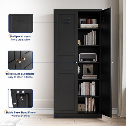 Yizosh Metal Storage Cabinet with 2 Doors and 5 Adjustable Shelves - 71" Black Kitchen Pantry Storage Cabinet, 5-Tier Tall Steel Cabinet Locker for Kitchen, Living Room, Dining Room - WoodArtSupply