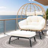 Nevsokio Double Wicker Outdoor Egg Chair,Lounge Chair with Ottoman,Oversized Patio Chair with Footrests,Cushions, Outdoor Indoor Rattan Chair (Webbing, White) Nevsokio