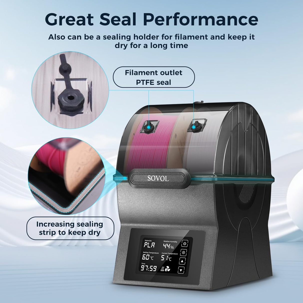 Sovol Filament Dryer, SH02 Dry Box Filament Sealed Storage Box 3D Printer Spool Holder with PTC Heater, Filament Dehydrator with Touch Screen, One Key Set, Compatible with PLA PETG TPU ABS 1.75/2.85mm Sovol