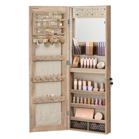 SONGMICS Jewelry Cabinet Armoire Organizer with LED Lights, Wall-Mounted Storage Cabinet with Full-Length Frameless Mirror, Built-in Makeup Mirror, 2 Drawers, Lockable, Camel Brown UJJC013N01 SONGMICS