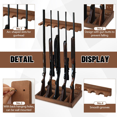GlikCeil 1 Set Wooden Vertical Gun Rack Wall Mount Indoor Hold up to 5 Long Guns Shotguns Rifle Racks Display Holder Stand for Firearms Display Storage Home Accessories Office(Walnut) GlikCeil
