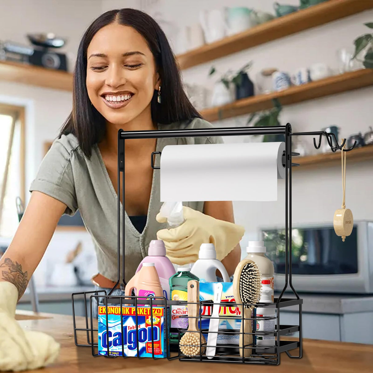 BBQ and Grill Caddy with Paper Towel Holder, Iron Steel Handle & 4 Hooks – Camper Accessories Condiment Caddy – Plates, Cutlery and BBQ Organizer for Camping Outdoor Grilling Tool Accessories ZDDLOINP