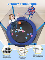 BLUERISE 55IN Toddler Trampoline for Kids Indoor Play for Kids Basketball Hoop Attachment with Enclosure Net Easy to Assemble Recreational Trampoline BLUERISE