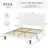 Allewie Full Bed Frame, Velvet Upholstered Platform Bed with Adjustable Vertical Channel Tufted Headboard, Mattress Foundation with Strong Wooden Slats, Box Spring Optional, Easy Assembly, White Allewie