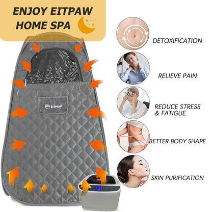 Eitpaw Portable Sauna for Home, Personal Steam Sauna for Home Spa, Full Size Portable Sauna with Foldable Chair, Remote Control Included, Grey, 110V