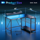 Bestier Gaming Desk with Power Outlets, 42" L-Shaped Gaming Desk with LED Lights, Desk with Reversible Storage Shelves & Hooks for Small Spaces, Bedrooms & Offices, Black Carbon Fiber Bestier