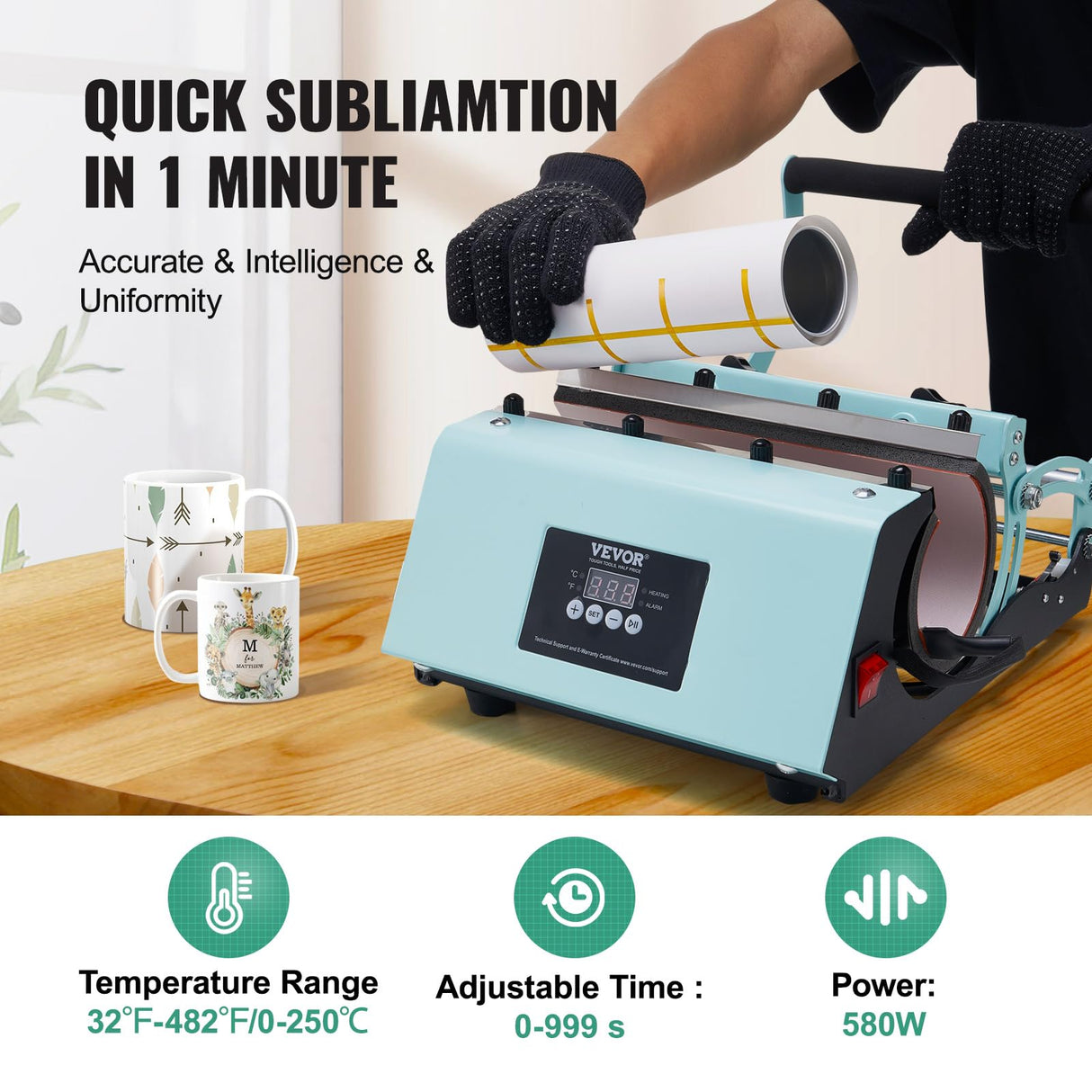 VEVOR Tumbler Heat Press Machine, 11-30oz Mug Press, Heat Up Fast and Even, Tumbler Press with Sublimation Paper, Tape and Gloves, Temp and Time Setting, for Sublimation Tumblers, Cups, Mugs, Green VEVOR