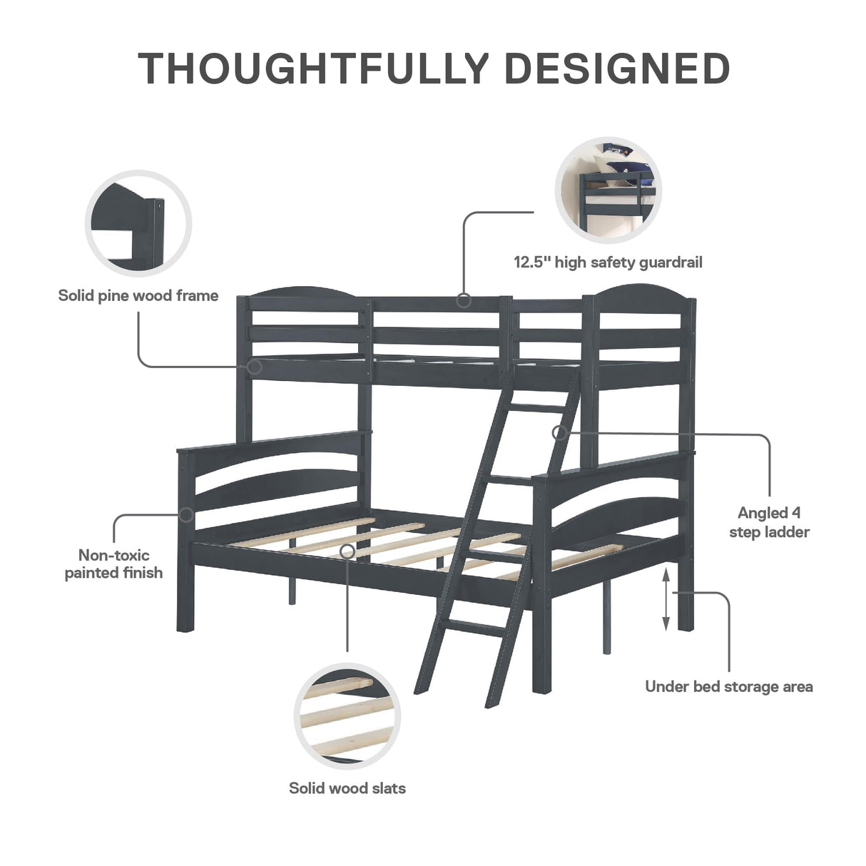DHP Brady Wood Bunk Bed Frame, Twin over Full, Grey DHP