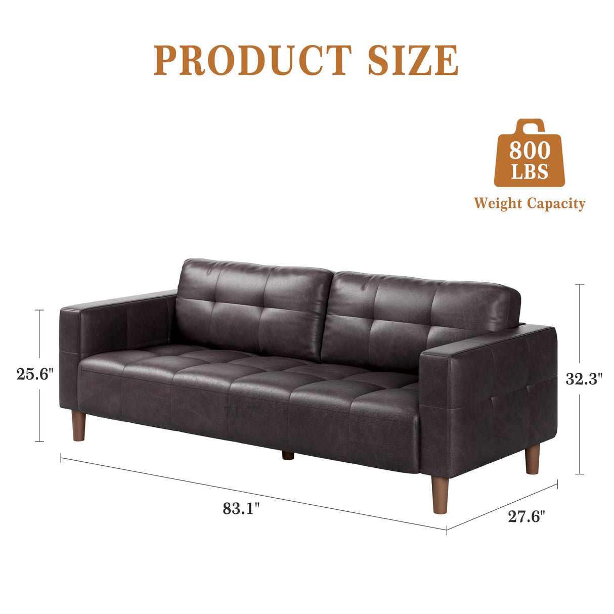 GarveeHome 3-Seater Sofa Couch, 83" Wide Faux Leather Sofa Couch with Spring Cushion, Modern Sofa with Deep Seats and 2 Removable Back Cushions, for Living Room, Bedroom, Apartment, Office, Dark Brown GarveeHome