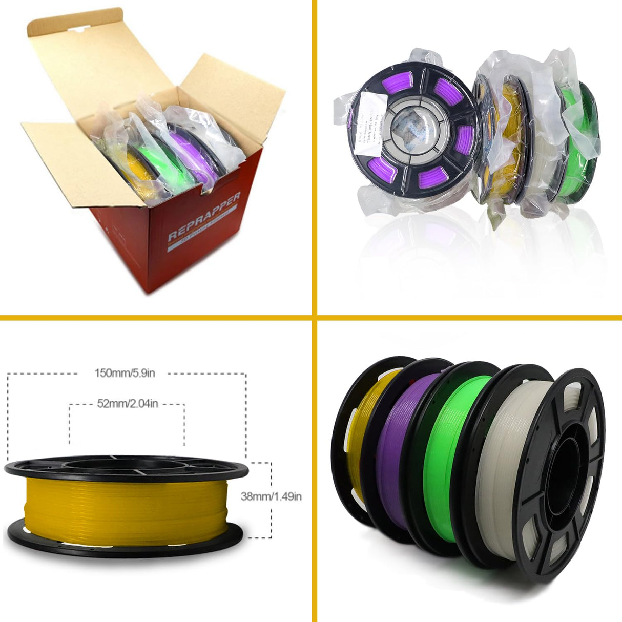 RepRapper 4 x 250g Glow Colors Pack, Glow in The Dark PLA Filament 1.75mm (+- 0.03mm) for 3D Printer, 4x250g Spools - Yellow, Purple, Green, White to Rainbow RepRapper