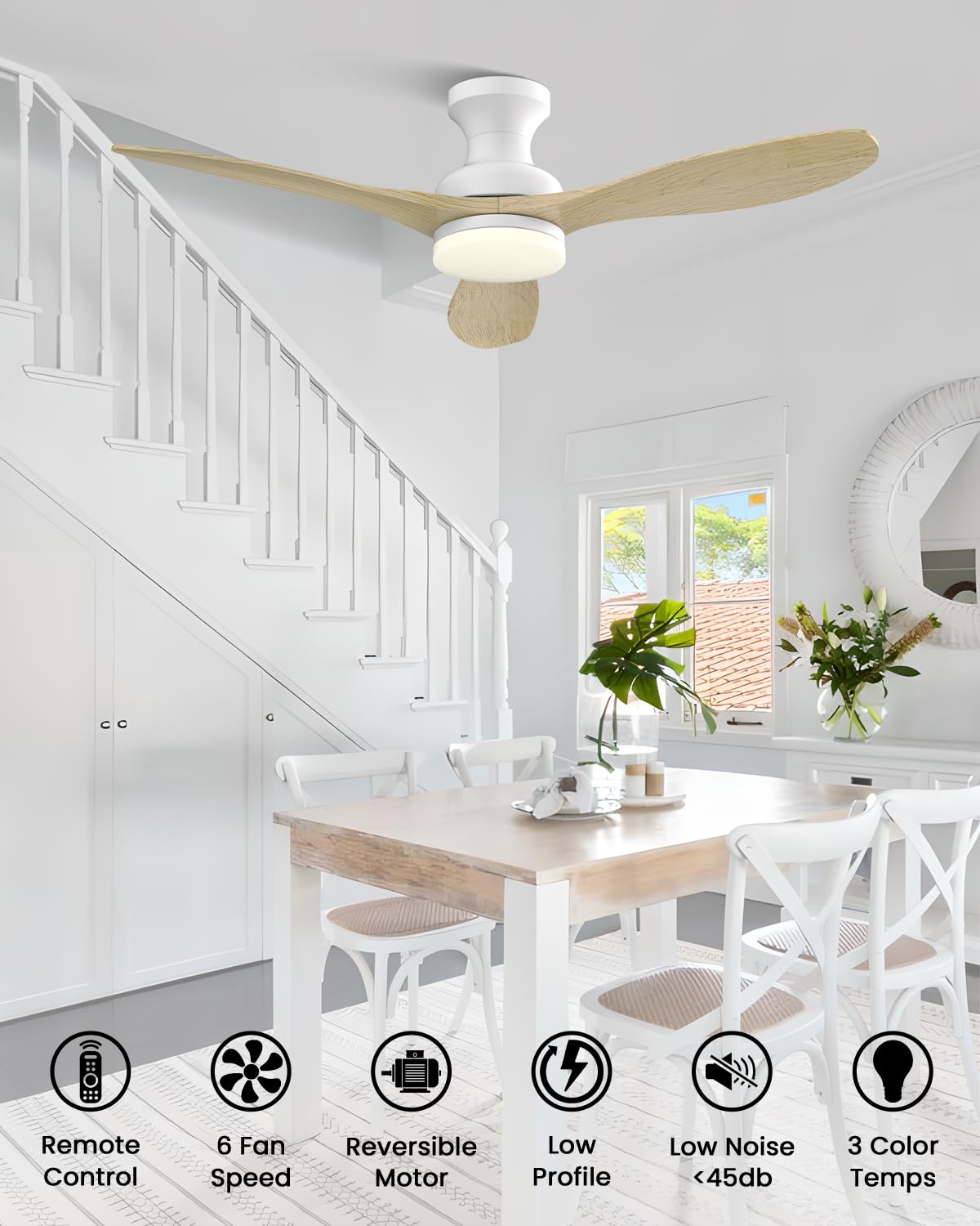 Frstem Leah 52" Solid Wood Ceiling Fan with Light & Remote Control, Flush Mount 3 Blades 6-Speed Ceiling Fan Fixture, Low Profile for Kitchen Bedroom Living Room Indoor (Natural Wood Color & White) Frstem