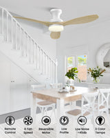 Frstem Leah 52" Solid Wood Ceiling Fan with Light & Remote Control, Flush Mount 3 Blades 6-Speed Ceiling Fan Fixture, Low Profile for Kitchen Bedroom Living Room Indoor (Natural Wood Color & White) Frstem