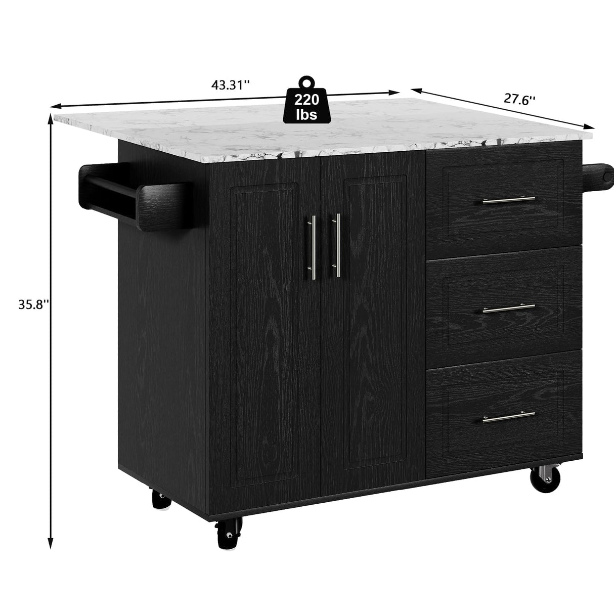 4 EVER WINNER Rolling Kitchen Island with Towel Rack & Spice Rack, Kitchen Island with Drop Leaf, Marble Tabletop Islands Table for Kitchen, Black 4 EVER WINNER