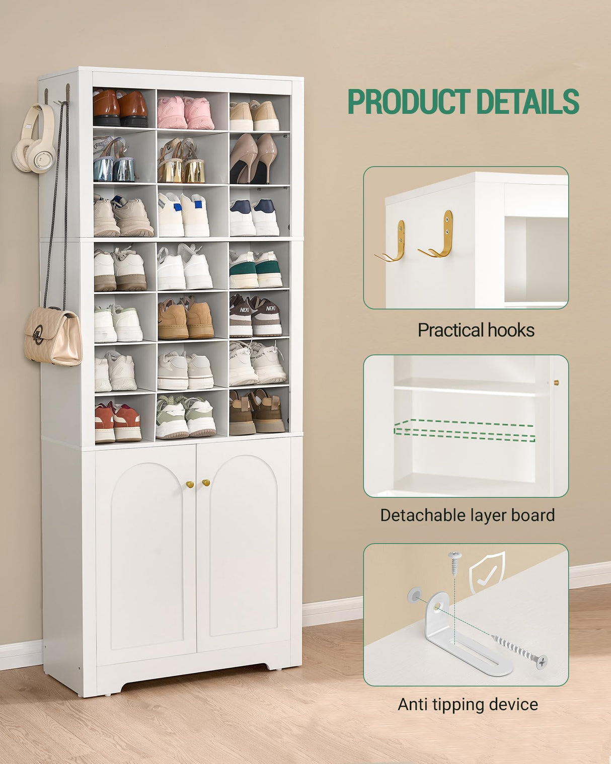 Huaneri Shoe Storage Cabinet with Doors, 30 Pairs Free Standing Closet Organizer, 8.8" Widened Cell Wood Shoe Organizer, 10 Tiers Space Saving Vertical Shoe Rack for Entryway, Bedroom, White SR18903X Hzuaneri