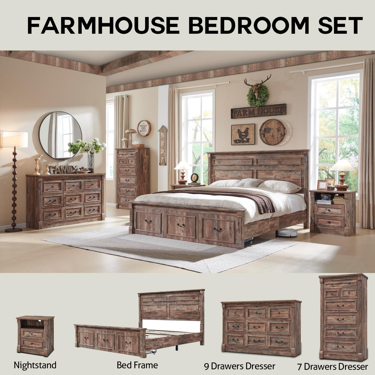 Aitjunz Farmhouse King Size Bed Frame with 51" Tall Headboard, Wood Platform Bed Frame with 20" Tall Roman Column Decoration Footboard & 3 Large Storage Drawers, No Box Spring Needed (Light Brown) Aitjunz