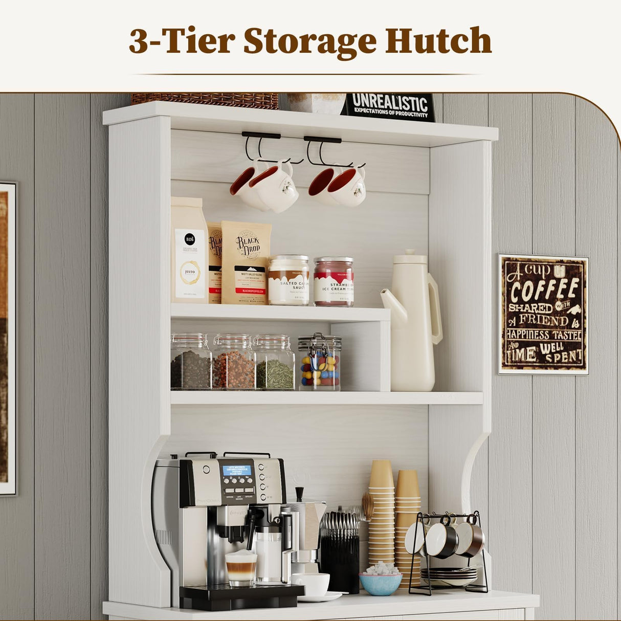 4ever2buy Farmhouse Coffee Bar Cabinet with Storage Hutch, 73 Inch Tall Coffee Bar with Wine Racks and Adjustable Shelves for Living & Dining Room, White 4ever2buy