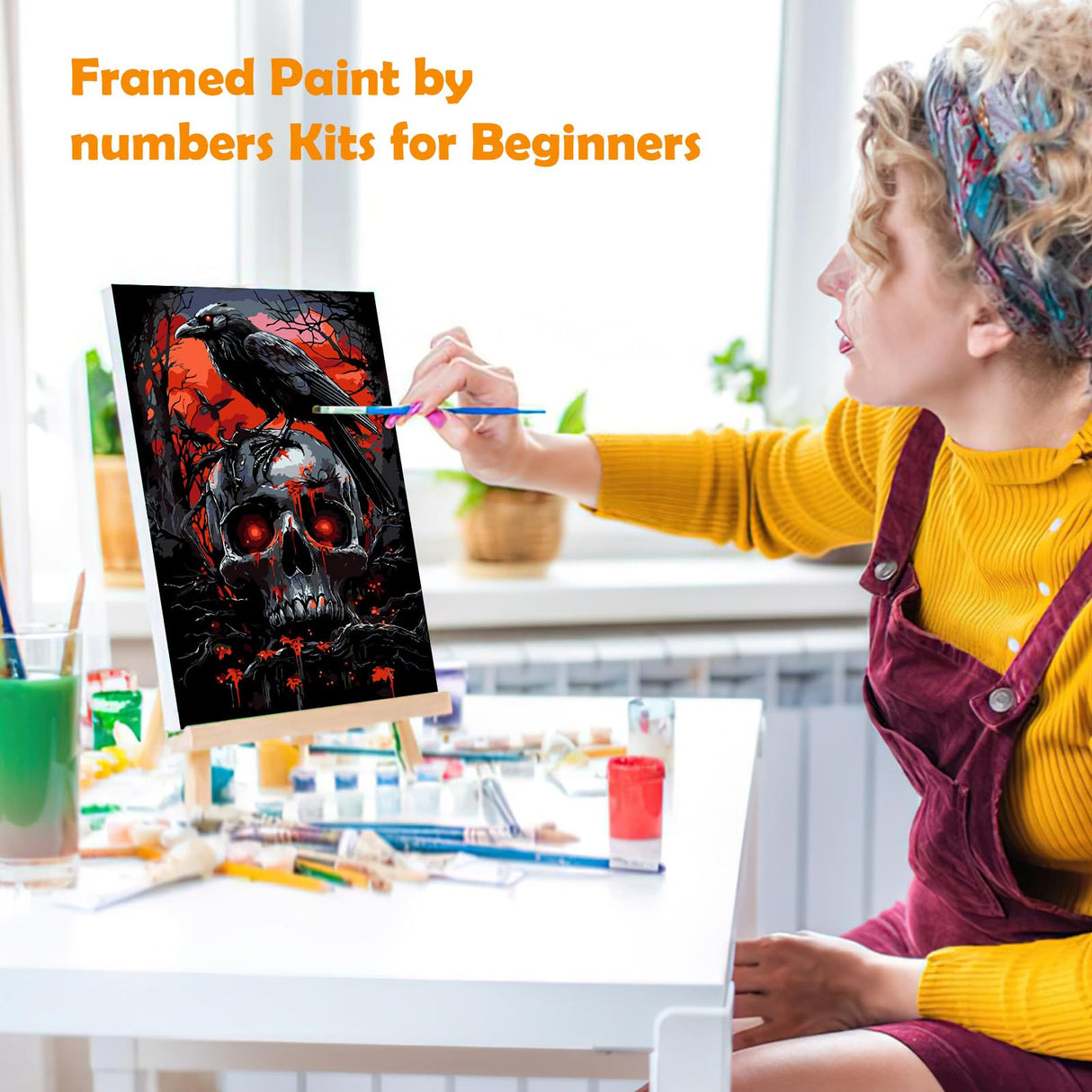 MOGTAA Halloween Paint by Numbers Kit for Adults Beginners with Frame, Skull Adult Paint by Number Kits on Canvas with Easel, Easy DIY Birds Oil Painting Kits for Home Decor, 8x12in MOGTAA