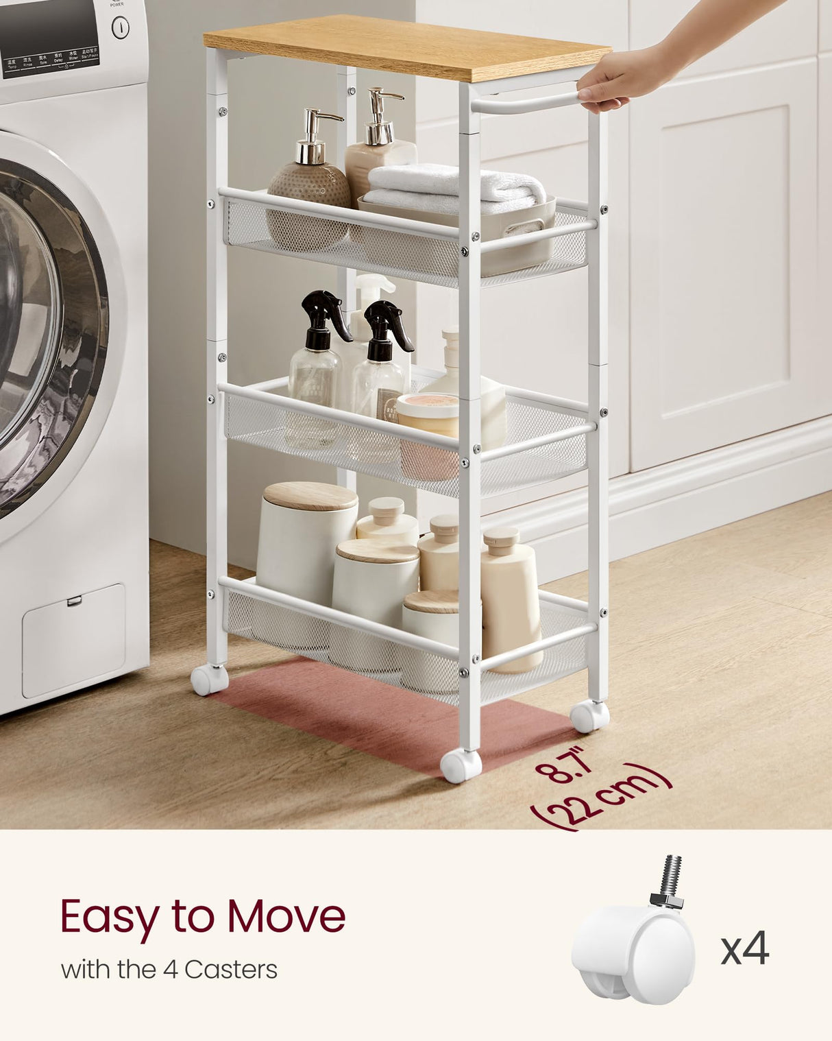 VASAGLE Slim Rolling Cart, 4-Tier Storage Cart, Narrow Cart with Handle, 8.7 Inches Deep, Metal Frame, for Kitchen, Dining Room, Living Room, Home Office, Oak Beige and Classic White ULRC033W09 VASAGLE