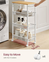 VASAGLE Slim Rolling Cart, 4-Tier Storage Cart, Narrow Cart with Handle, 8.7 Inches Deep, Metal Frame, for Kitchen, Dining Room, Living Room, Home Office, Oak Beige and Classic White ULRC033W09 VASAGLE