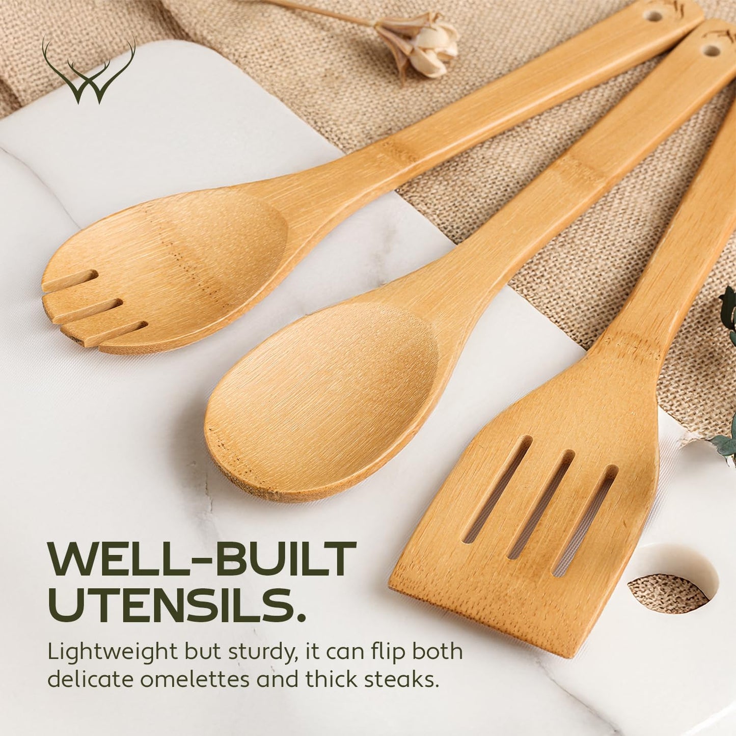 Woodlands-USA Wooden Spoons for Cooking - 6-Piece Wooden Kitchen Utensil Set - Natural Material Bamboo Spatula & wooden cooking utensils - Wooden Spatulas & Wooden Spoons Cooking Tools Set