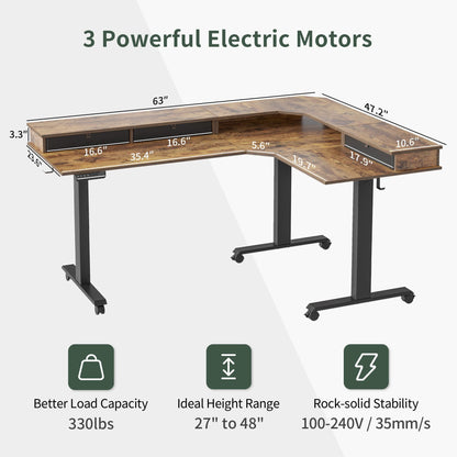 FEZIBO Triple Motor 63" L Shaped Standing Desk with 3 Drawers, Electric Standing Desk Adjustable Height, Corner Stand up Desk with Splice Board - Rustic Brown - WoodArtSupply